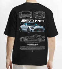 Black T-shirt worn by a male model, back view, featuring Mercedes-Benz AMG rs racing motorsport street performance merc9.