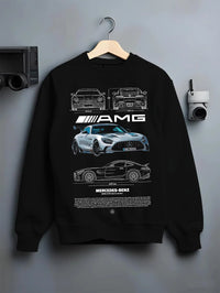 Black crewneck sweatshirt on a hanger against a grey wall, featuring Mercedes-Benz AMG rs racing motorsport street merc9.