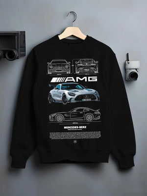 Black crewneck sweatshirt on a hanger against a grey wall, featuring Mercedes-Benz AMG rs racing motorsport street merc9.
