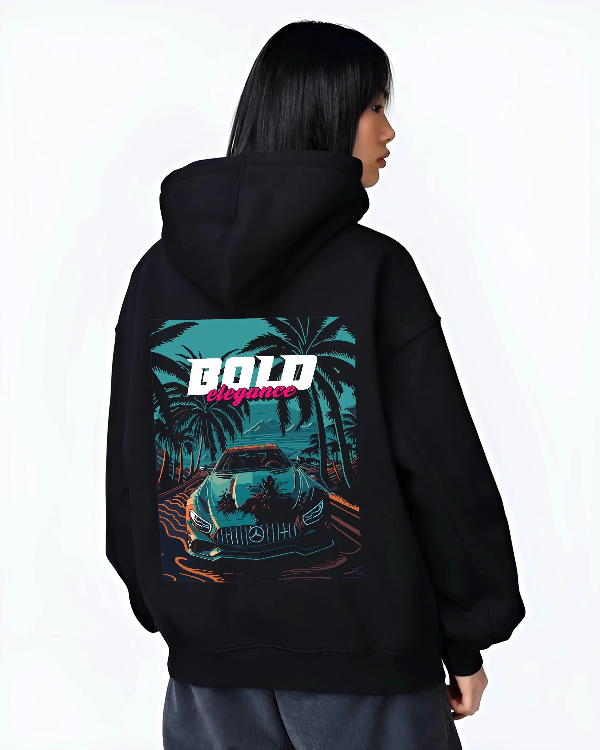 Black hoodie worn by a female model, back view, featuring Mercedes-Benz street retro racing performance motorsport graphic.