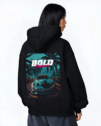 Black hoodie worn by a female model, back view, featuring Mercedes-Benz street retro racing performance motorsport graphic.