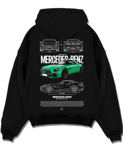 Black pullover hoodie laid flat on a white background, featuring Mercedes-Benz AMG rs racing motorsport street performance mergt6.