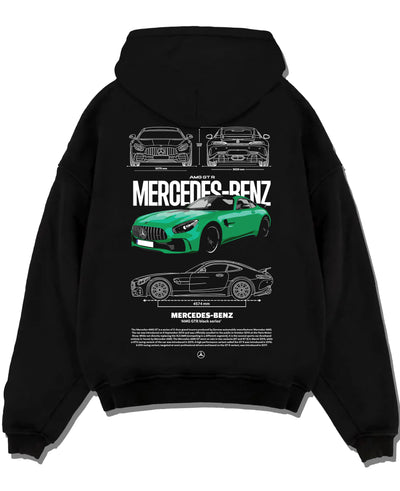 Black pullover hoodie laid flat on a white background, featuring Mercedes-Benz AMG rs racing motorsport street performance mergt6.