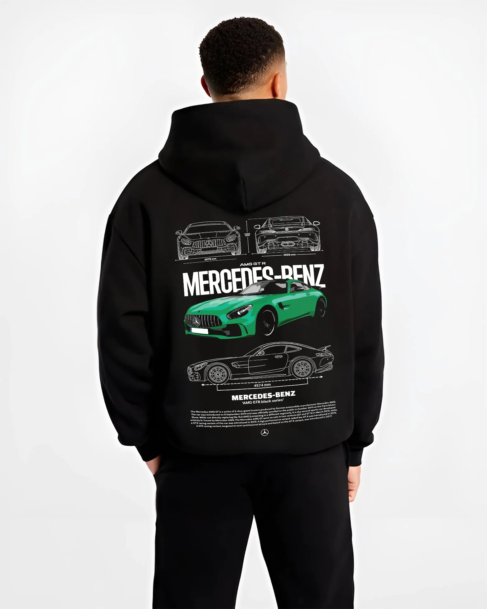 Black hoodie worn by a male model, back view, featuring Mercedes-Benz AMG rs racing motorsport street performance mergt6.