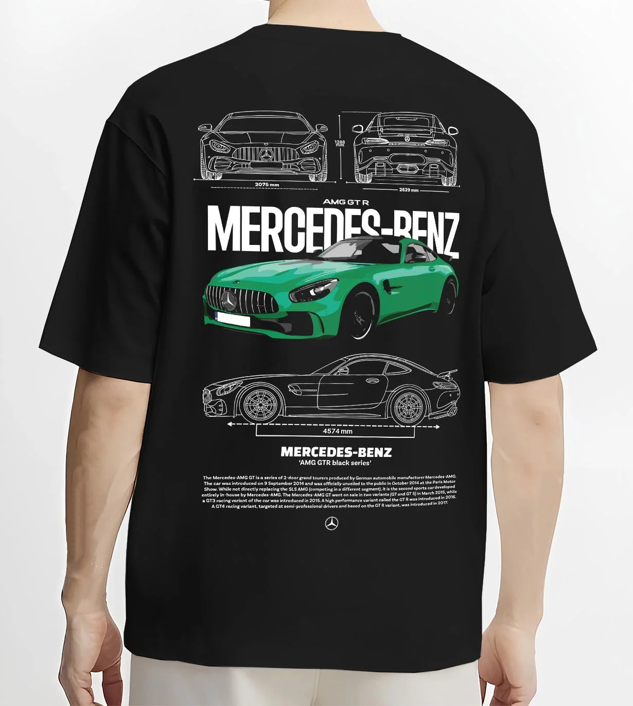 Black T-shirt worn by a male model, back view, featuring Mercedes-Benz AMG rs racing motorsport street performance mergt6.