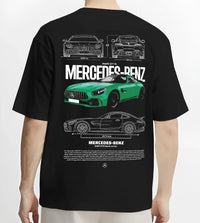 Black T-shirt worn by a male model, back view, featuring Mercedes-Benz AMG rs racing motorsport street performance mergt6.