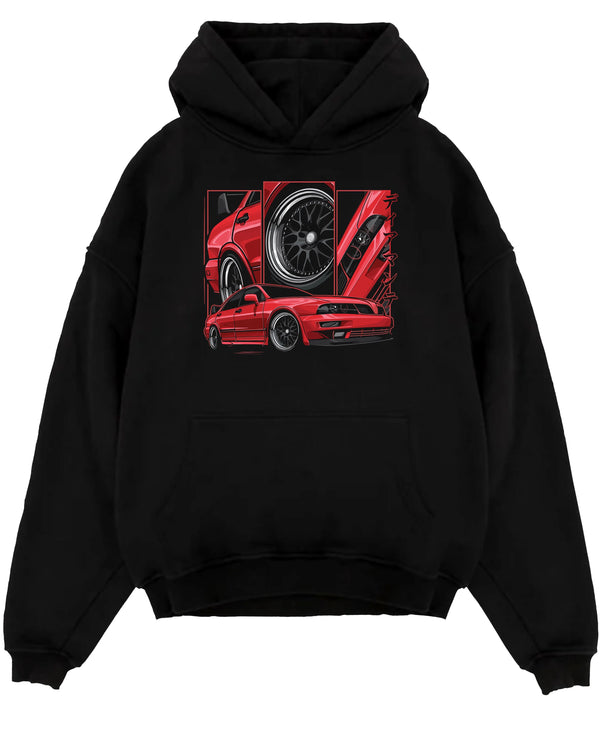 Black pullover hoodie laid flat on a white background, featuring street retro racing performance motorsport automotive miami1.