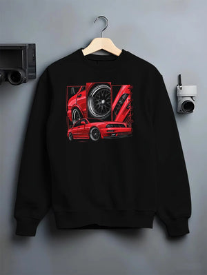 Black crewneck sweatshirt on a hanger against a grey wall, featuring street retro racing performance motorsport automotive miami1.