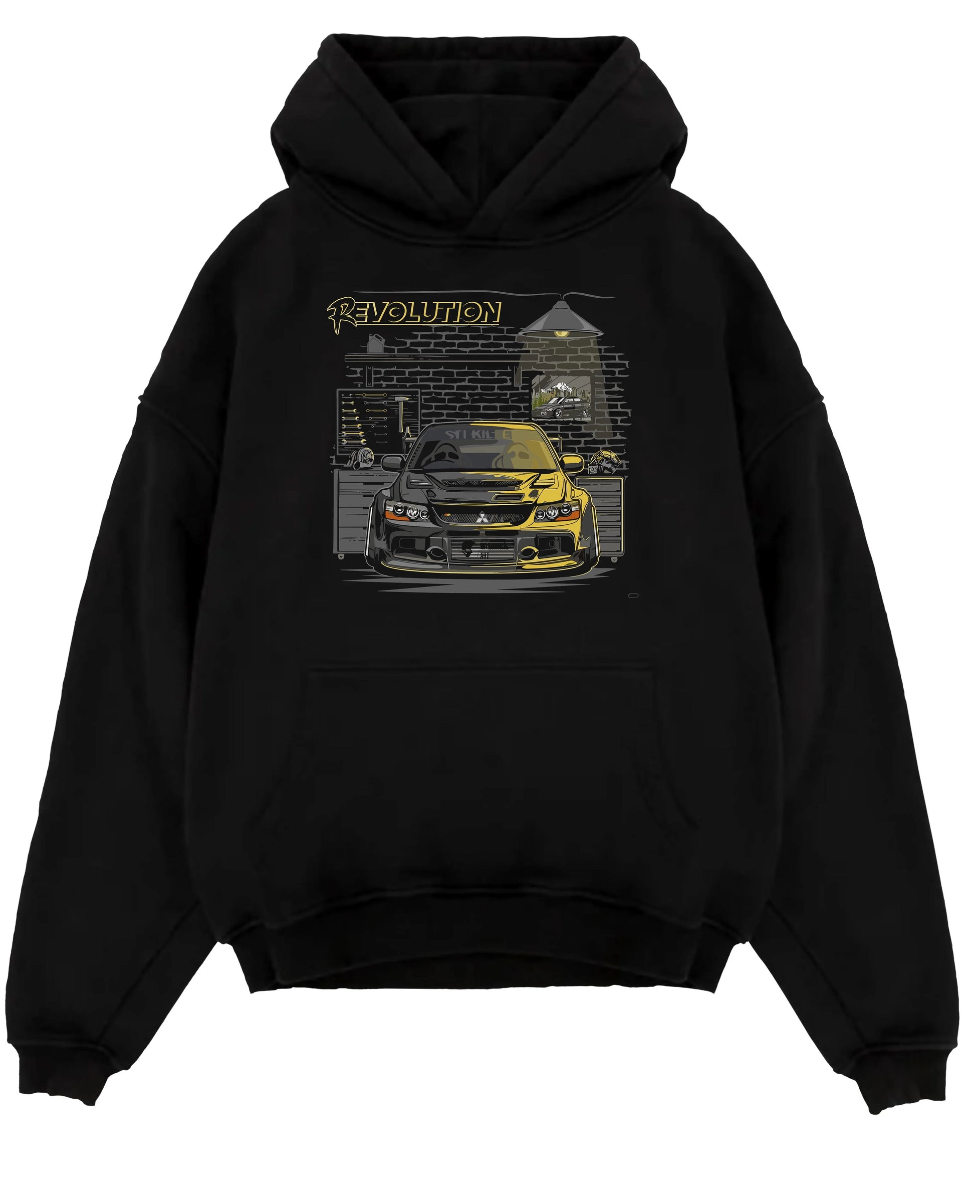 Black pullover hoodie laid flat on a white background, featuring SKYLINE street retro racing performance motorsport graphic.