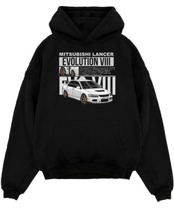 Black pullover hoodie laid flat on a white background, featuring street retro vintage racing performance motorsport graphic.