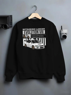Black crewneck sweatshirt on a hanger against a grey wall, featuring street retro vintage racing performance motorsport graphic.