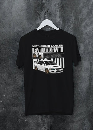 Black crewneck T-shirt on a hanger against a grey wall, featuring street retro vintage racing performance motorsport graphic.