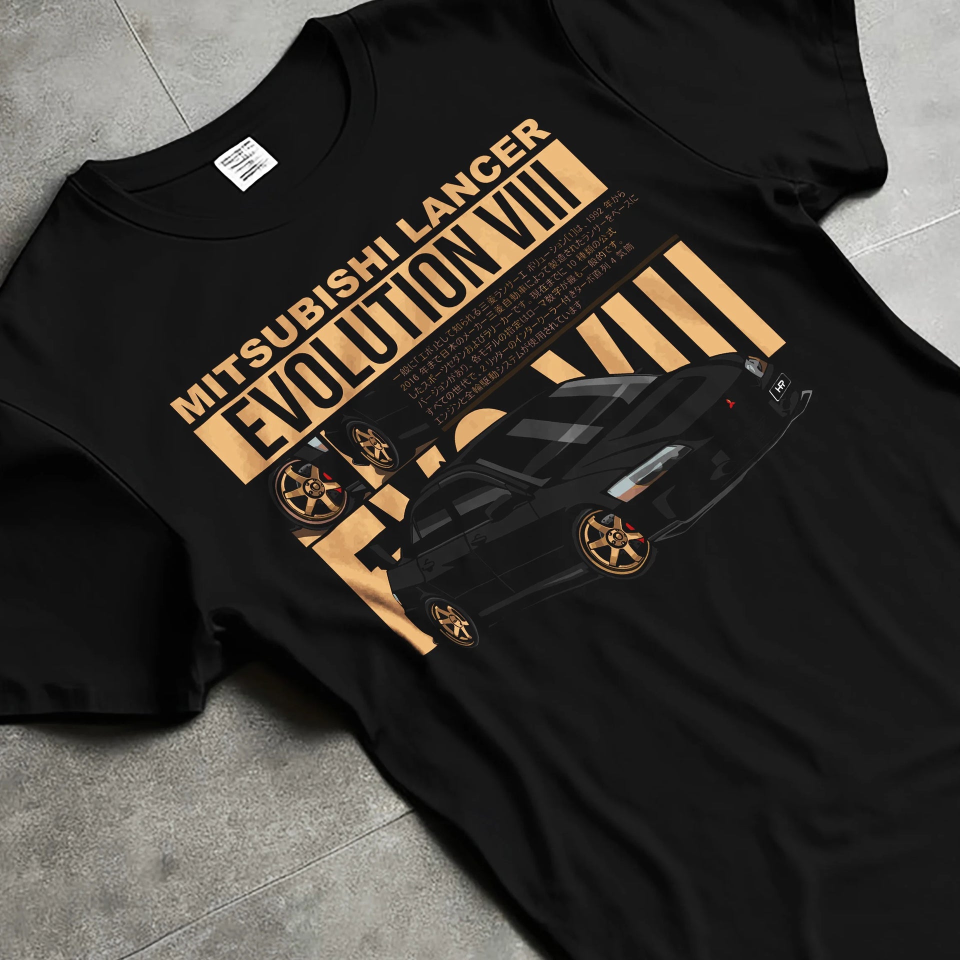 Black T-shirt laid flat with natural fabric folds, featuring street retro racing performance motorsport automotive miami4.