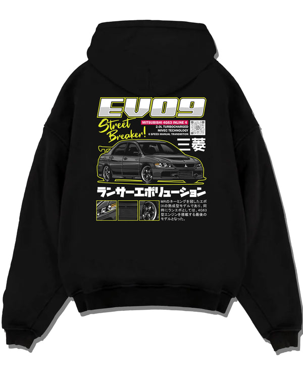 Black pullover hoodie laid flat on a white background, featuring street retro racing performance motorsport automotive graphic.