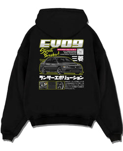 Black pullover hoodie laid flat on a white background, featuring street retro racing performance motorsport automotive graphic.