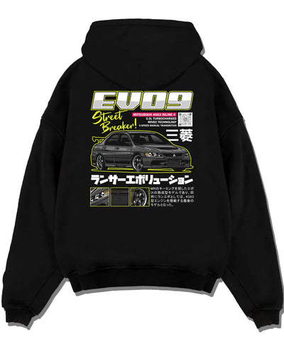 Black pullover hoodie laid flat on a white background, featuring street retro racing performance motorsport automotive graphic.