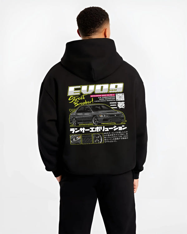 Black hoodie worn by a male model, back view, featuring street retro racing performance motorsport automotive enthusiast graphic.