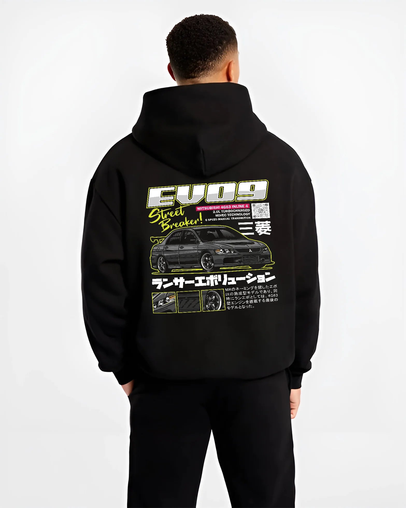Black hoodie worn by a male model, back view, featuring street retro racing performance motorsport automotive enthusiast graphic.