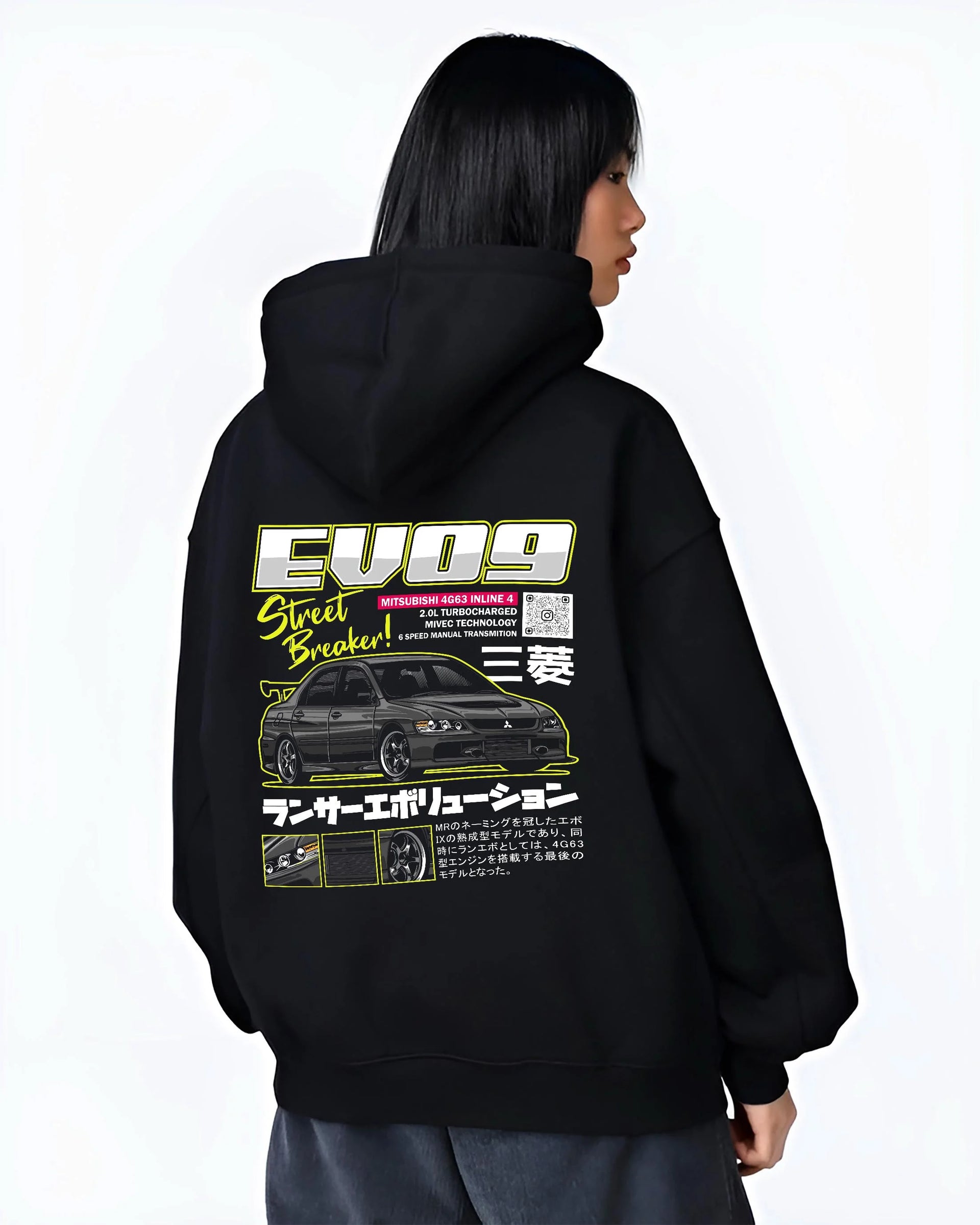 Black hoodie worn by a female model, back view, featuring street retro racing performance motorsport automotive enthusiast graphic.