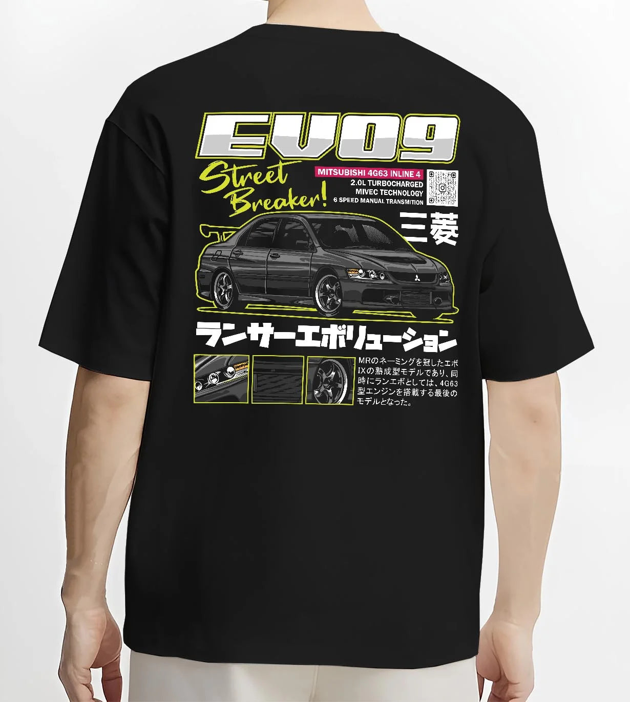 Black T-shirt worn by a male model, back view, featuring street retro racing performance motorsport automotive enthusiast graphic.