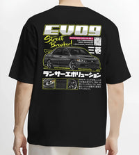 Black T-shirt worn by a male model, back view, featuring street retro racing performance motorsport automotive enthusiast graphic.