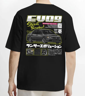 Black T-shirt worn by a male model, back view, featuring street retro racing performance motorsport automotive enthusiast graphic.