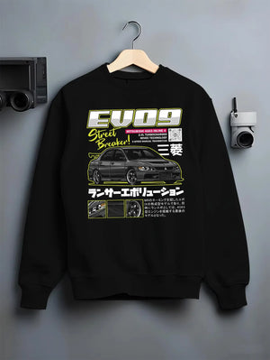 Black crewneck sweatshirt on a hanger against a grey wall, featuring street retro racing performance motorsport automotive graphic.