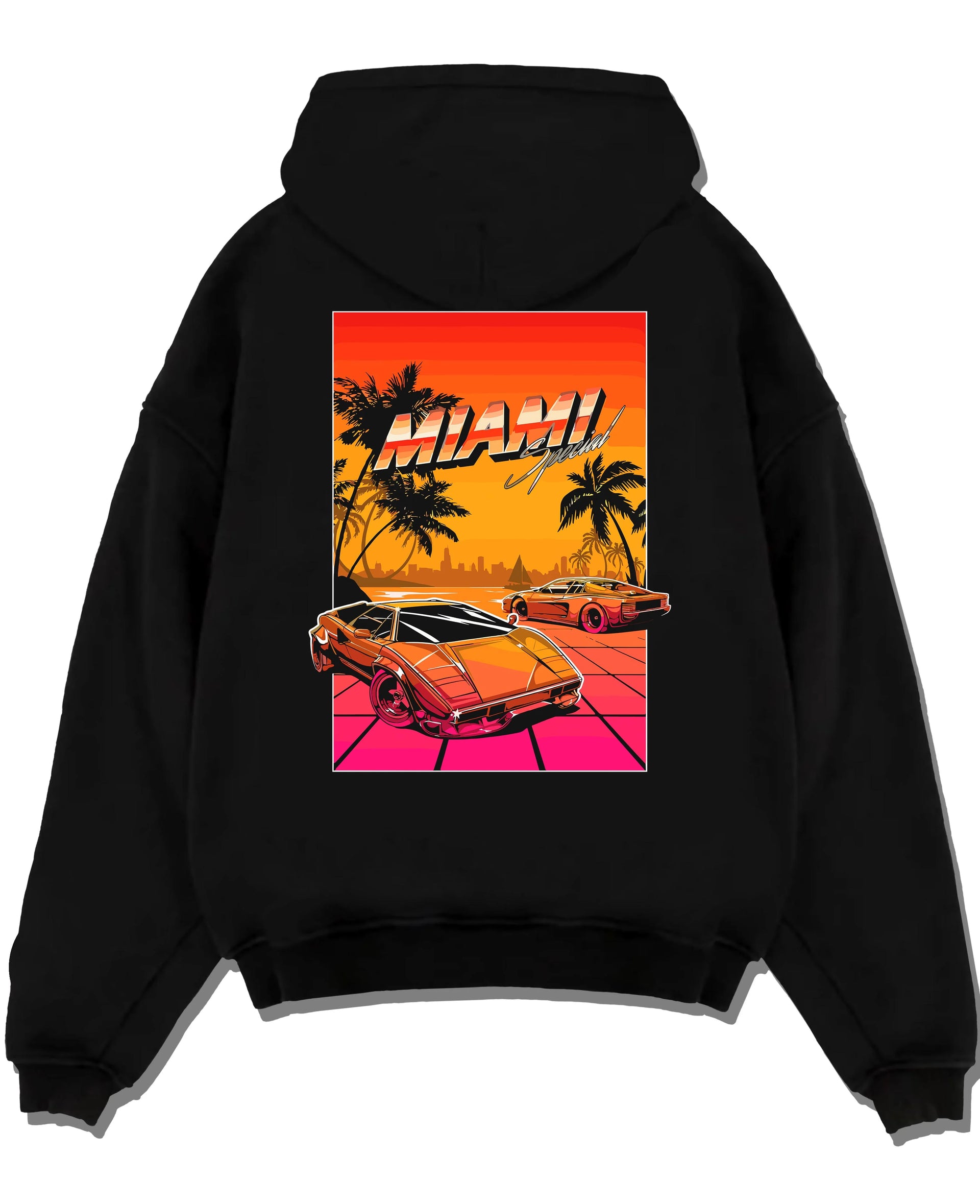 Black pullover hoodie laid flat on a white background, featuring street retro racing performance motorsport automotive miams1.