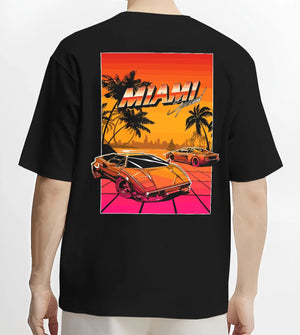 Black T-shirt worn by a male model, back view, featuring street retro racing performance motorsport automotive enthusiast miams1.