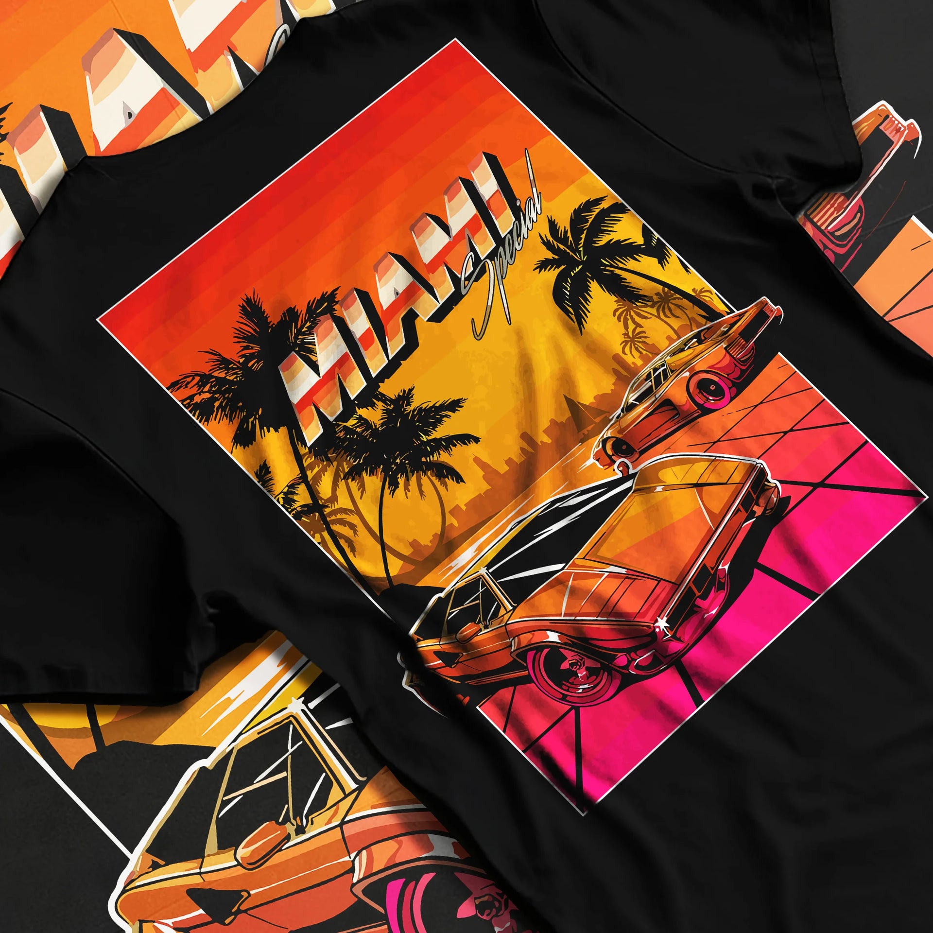 Black T-shirt laid flat with natural fabric folds, featuring street retro racing performance motorsport automotive miams1.