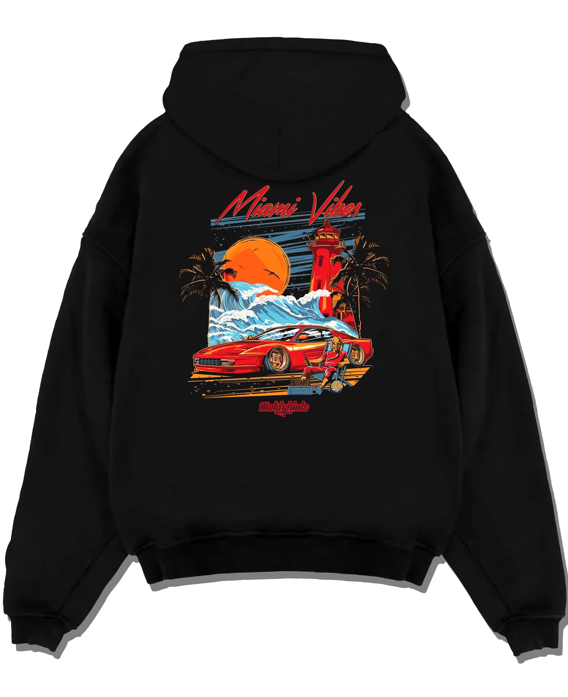 Black pullover hoodie laid flat on a white background, featuring street retro racing performance motorsport automotive miamv1.
