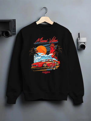 Black crewneck sweatshirt on a hanger against a grey wall, featuring street retro racing performance motorsport automotive miamv1.