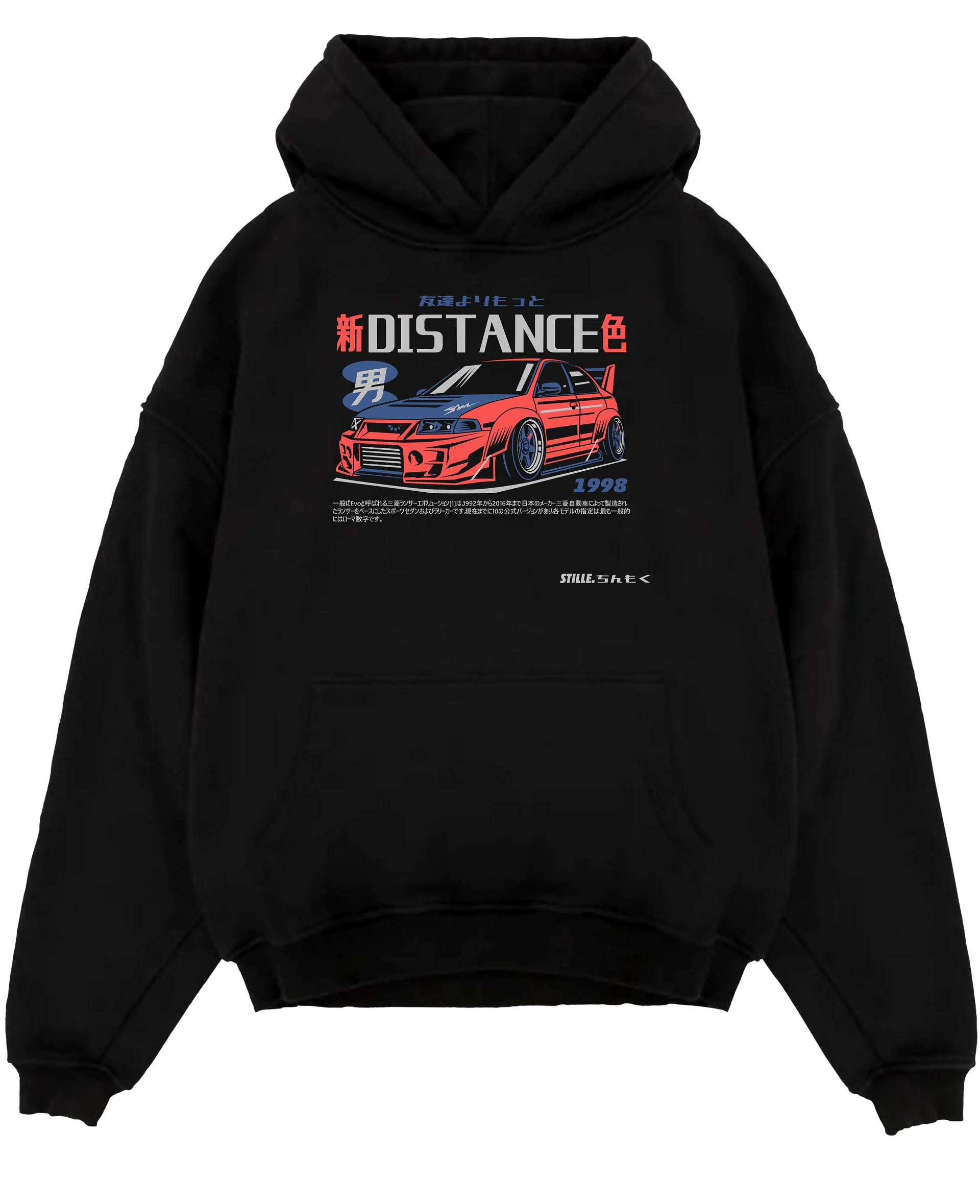 Black pullover hoodie laid flat on a white background, featuring Mitsubishi EVO turbo racing drift jdm japanese street graphic.