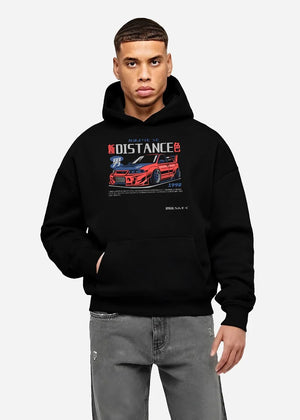 Black hoodie worn by a male model, front view, featuring Mitsubishi EVO turbo racing drift jdm japanese street graphic.