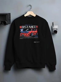 Black crewneck sweatshirt on a hanger against a grey wall, featuring Mitsubishi EVO turbo racing drift jdm japanese street graphic.