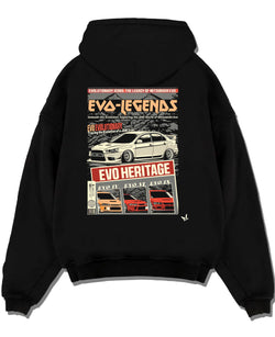 Black pullover hoodie laid flat on a white background, featuring Mitsubishi EVO turbo racing drift jdm japanese tuner graphic.