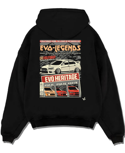 Black pullover hoodie laid flat on a white background, featuring Mitsubishi EVO turbo racing drift jdm japanese tuner graphic.