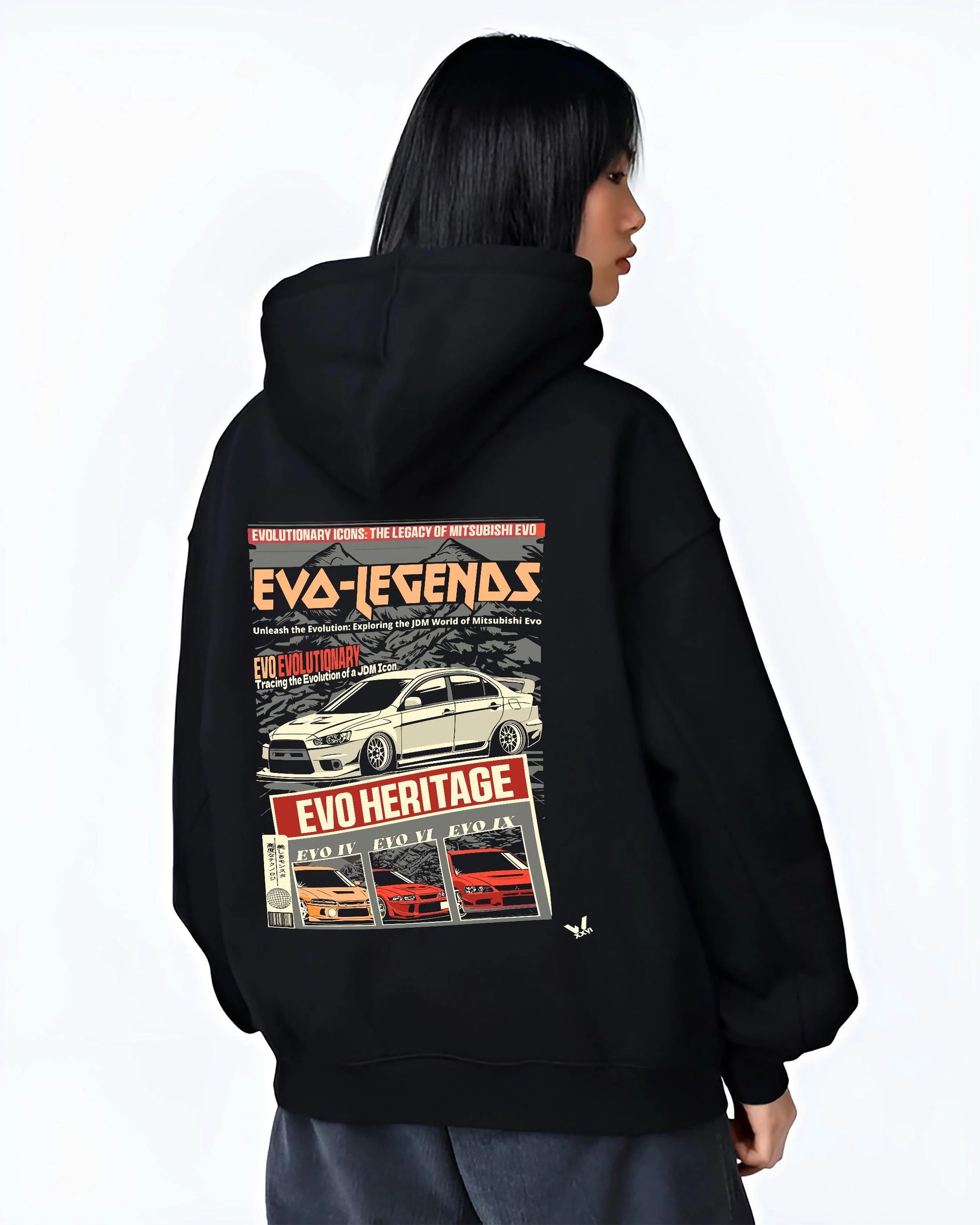 Black hoodie worn by a female model, back view, featuring Mitsubishi EVO turbo racing drift jdm japanese tuner street graphic.