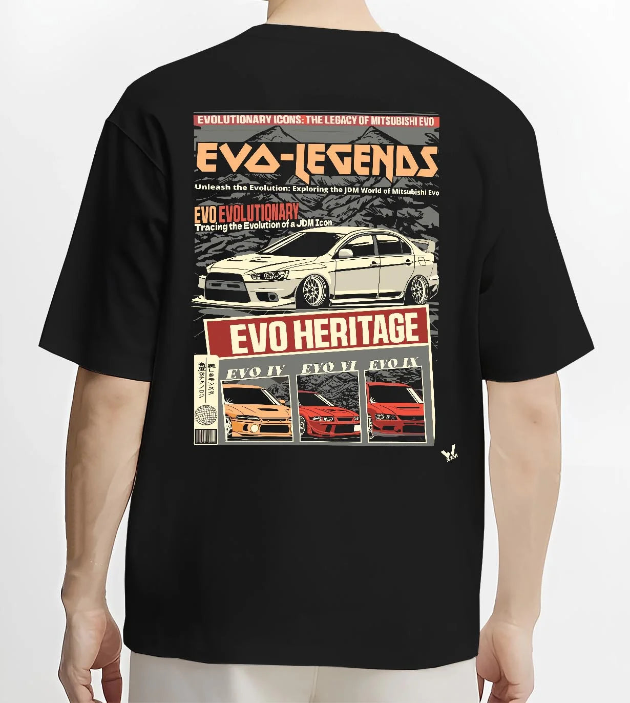 Black T-shirt worn by a male model, back view, featuring Mitsubishi EVO turbo racing drift jdm japanese tuner street graphic.