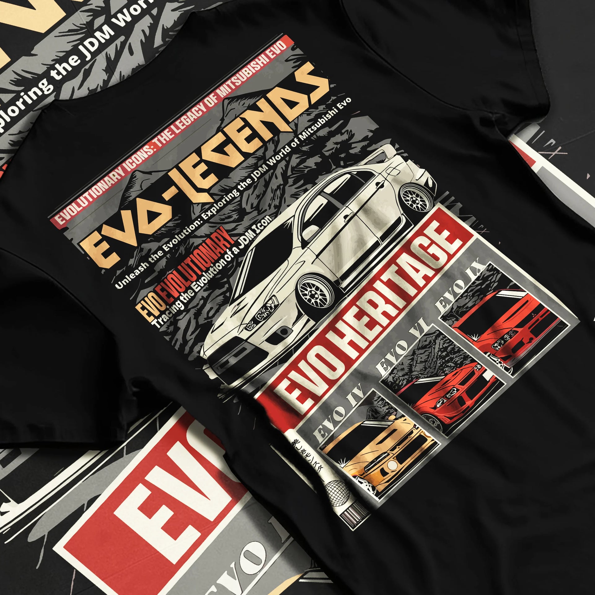 Black T-shirt laid flat with natural fabric folds, featuring Mitsubishi EVO turbo racing drift jdm japanese tuner street graphic.