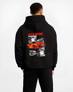 Black hoodie worn by a male model, back view, featuring Mitsubishi Lancer turbo racing drift track jdm street graphic.