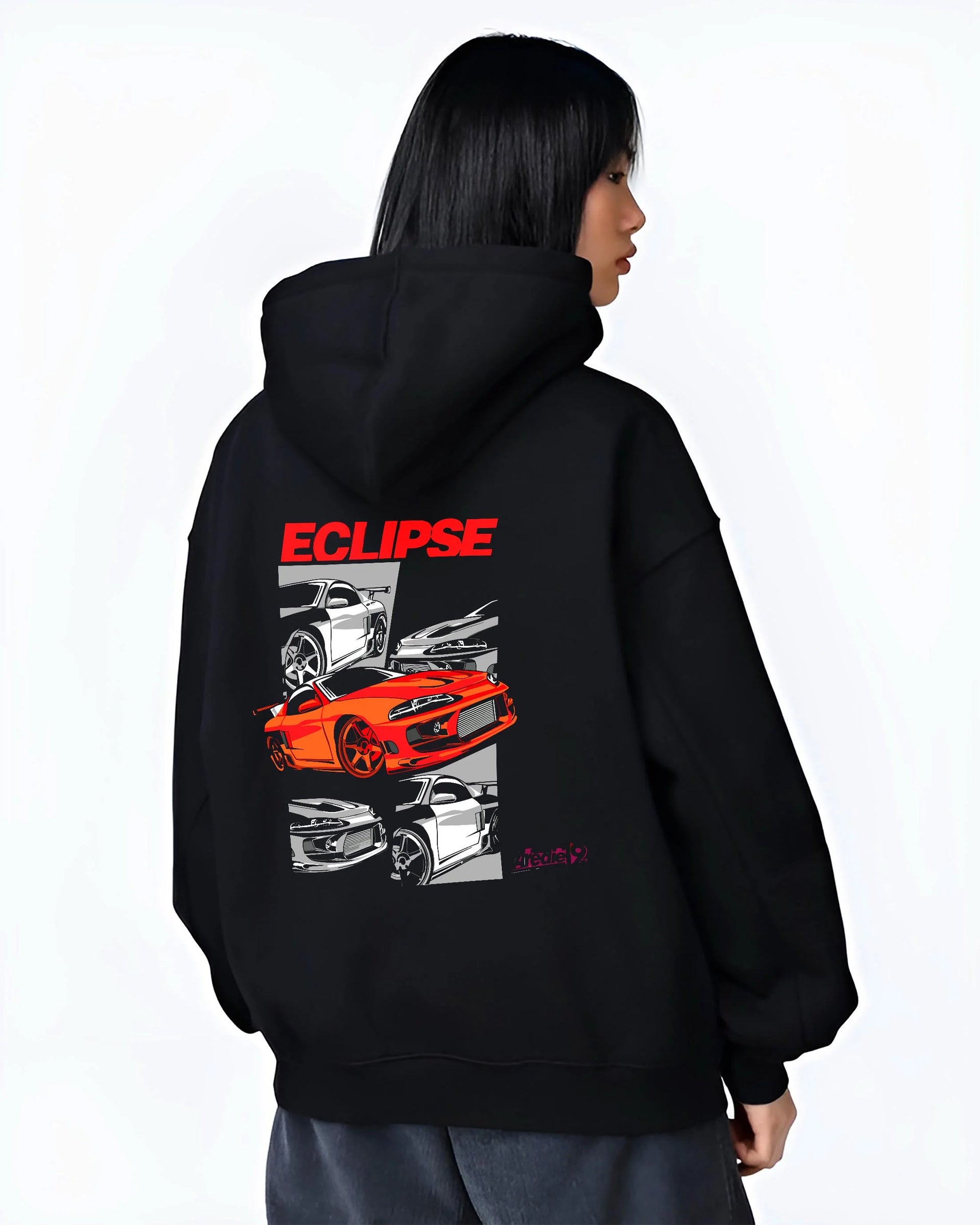 Black hoodie worn by a female model, back view, featuring Mitsubishi Lancer turbo racing drift track jdm street graphic.