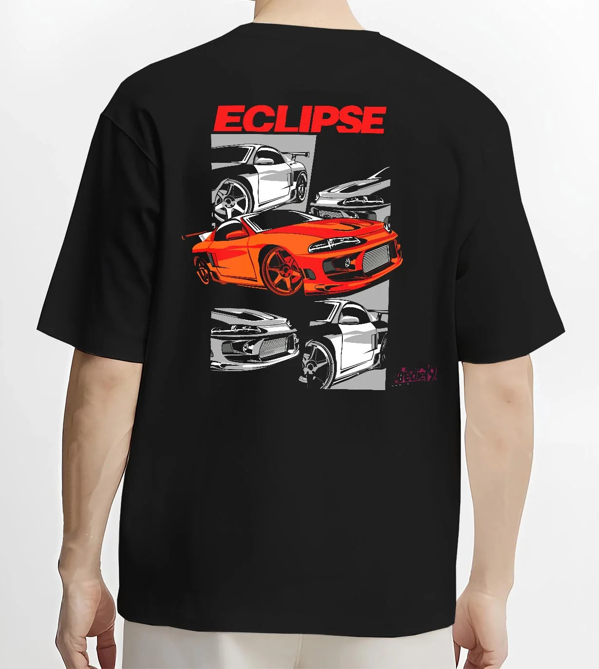 Black T-shirt worn by a male model, back view, featuring Mitsubishi Lancer turbo racing drift track jdm street graphic.