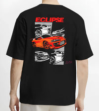 Black T-shirt worn by a male model, back view, featuring Mitsubishi Lancer turbo racing drift track jdm street graphic.