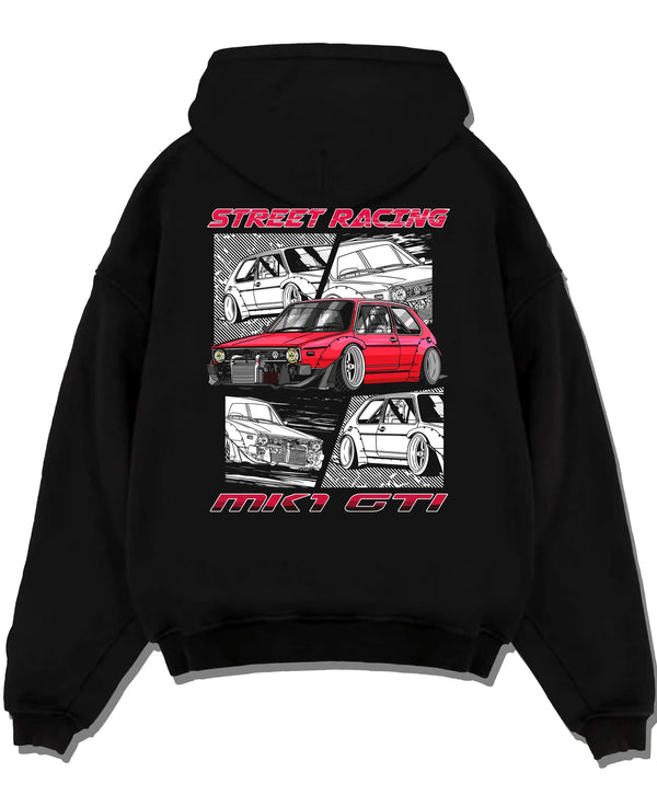 Black pullover hoodie laid flat on a white background, featuring Volkswagen Gti racing tuning street retro enthusiast graphic.