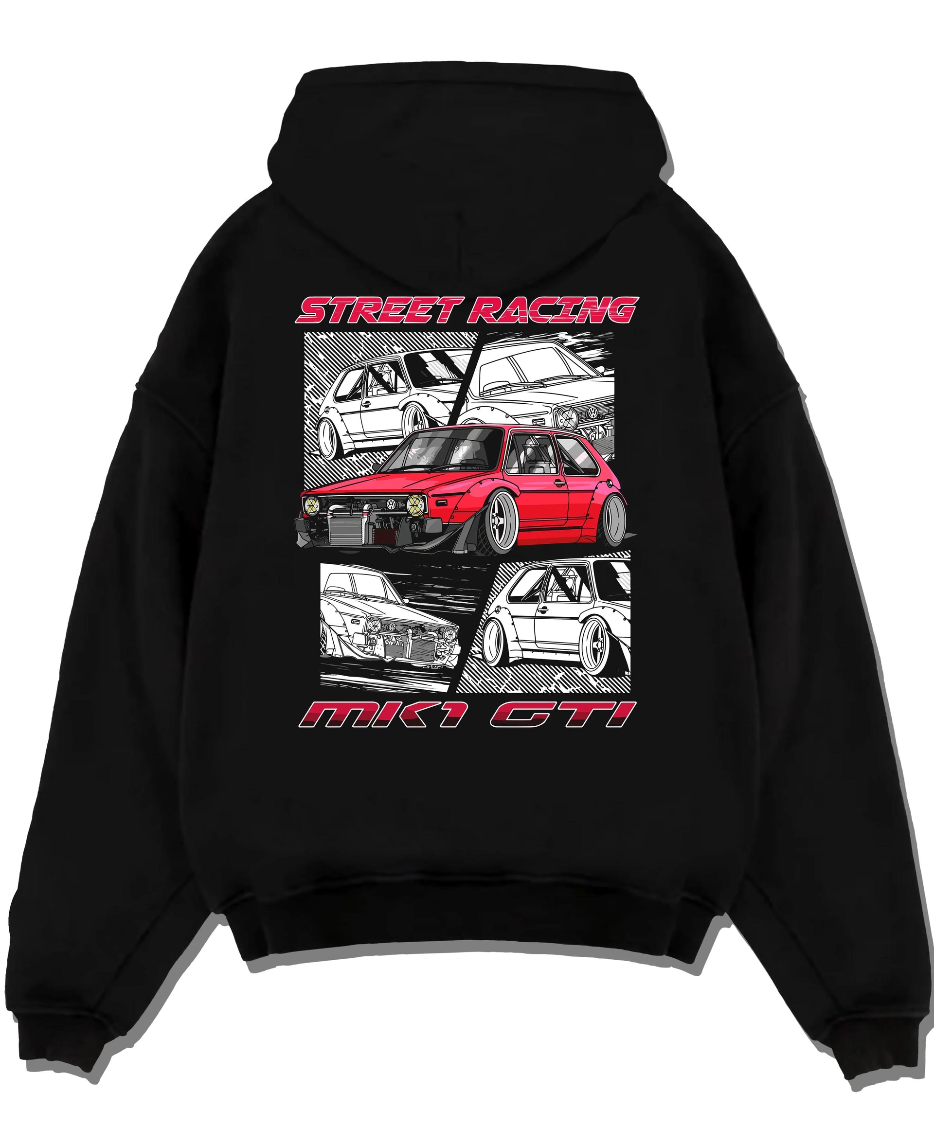 Black pullover hoodie laid flat on a white background, featuring Volkswagen Gti racing tuning street retro enthusiast graphic.
