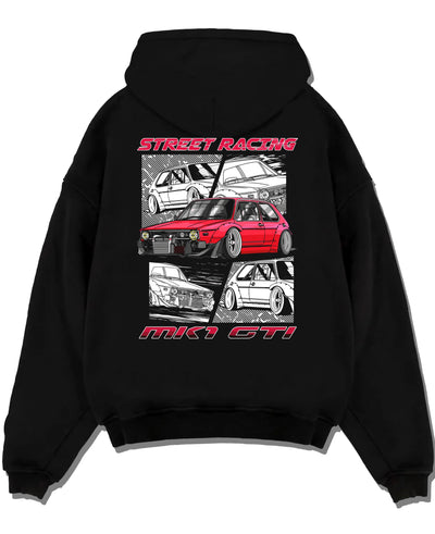 Black pullover hoodie laid flat on a white background, featuring Volkswagen Gti racing tuning street retro enthusiast graphic.