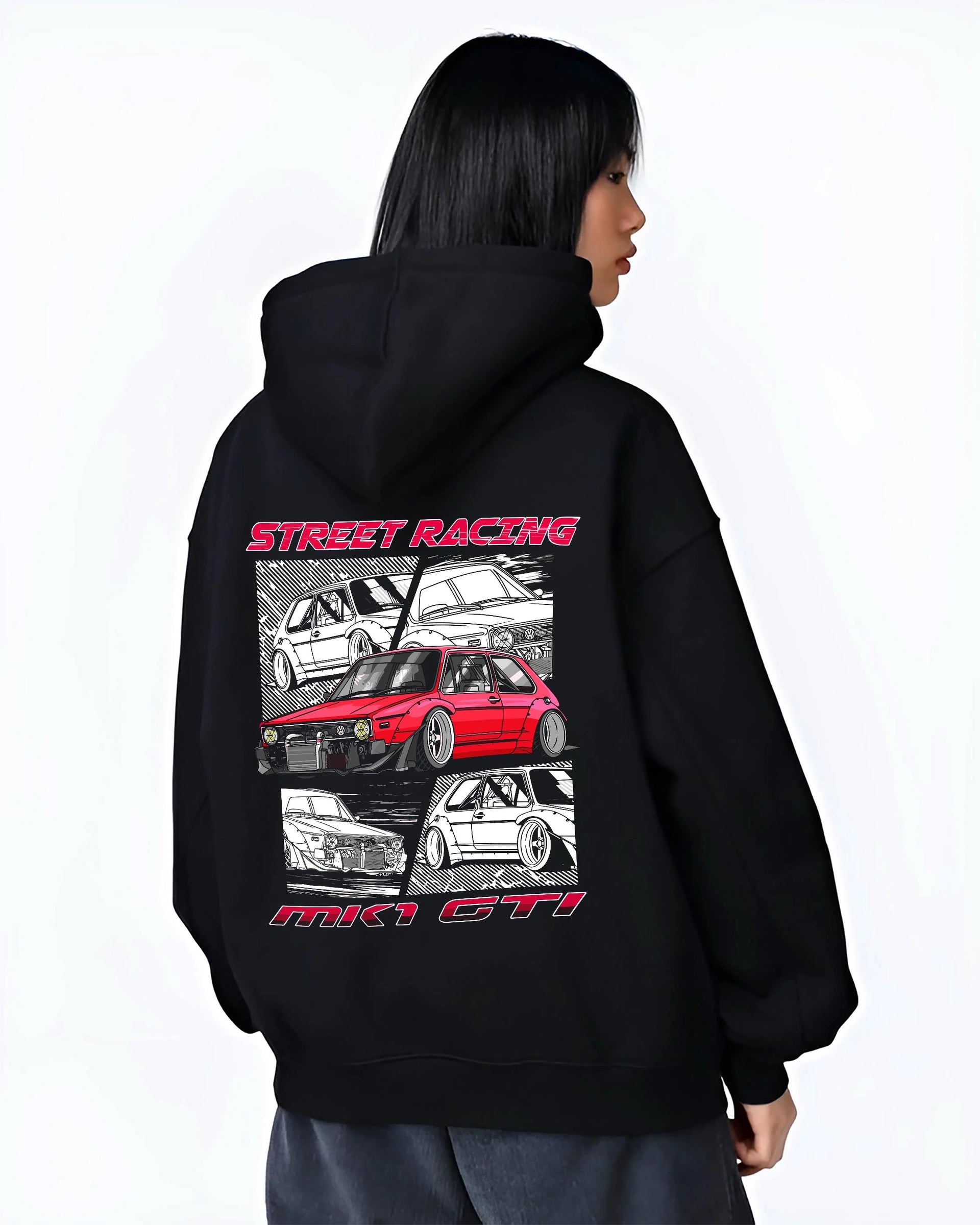 Black hoodie worn by a female model, back view, featuring Volkswagen Gti racing tuning street retro enthusiast performance graphic.