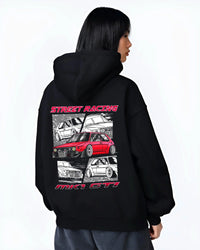 Black hoodie worn by a female model, back view, featuring Volkswagen Gti racing tuning street retro enthusiast performance graphic.