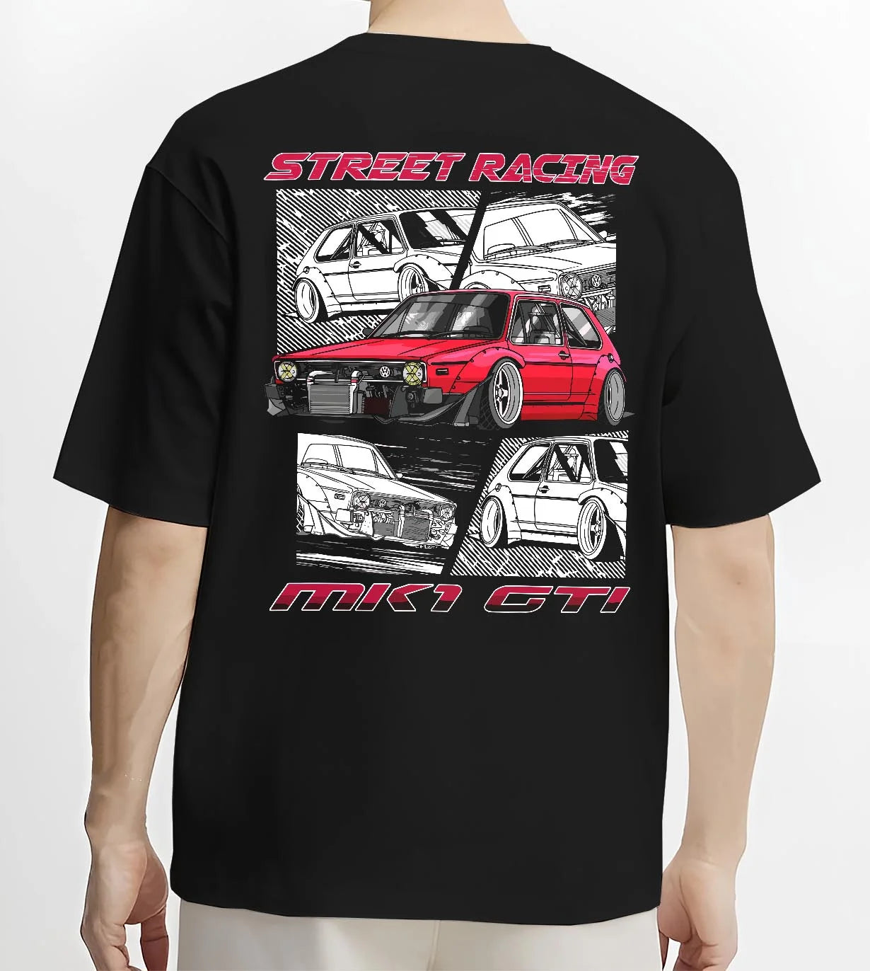 Black T-shirt worn by a male model, back view, featuring Volkswagen Gti racing tuning street retro enthusiast performance graphic.